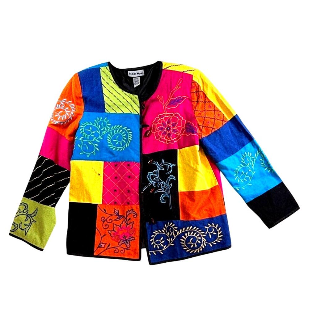 Indigo‎ Moon Multi Color Mix Patchwork Floral Embroidered Jacket Size M